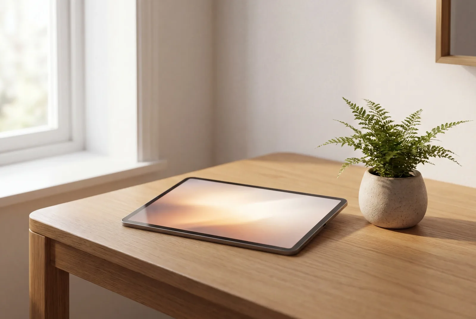 Ein Tablet auf einem hellen Holztisch am Fenster, daneben eine kleine Zimmerpflanze